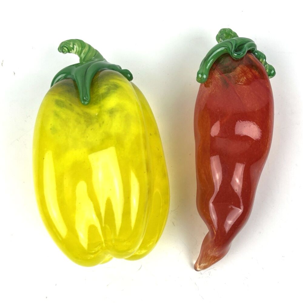 2 Hand blown Glass Yellow Bell Pepper Red chili pepper jalapeno Murano Style